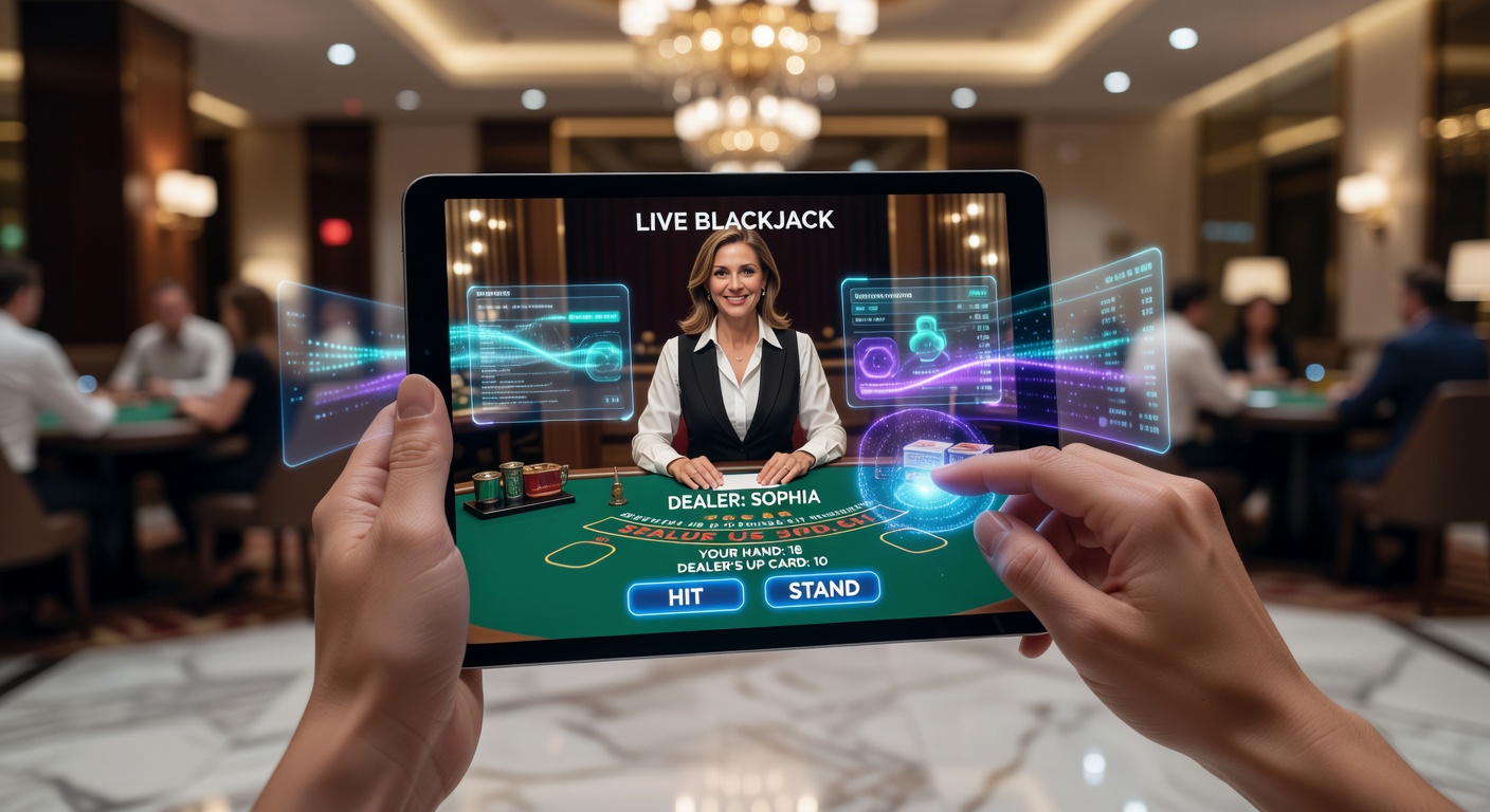 Ein Smartphone zeigt ein Live Blackjack-Tisch mit echtem Dealer, Karten fliegen über den Bildschirm, während der Touchscreen interaktive Chips platziert